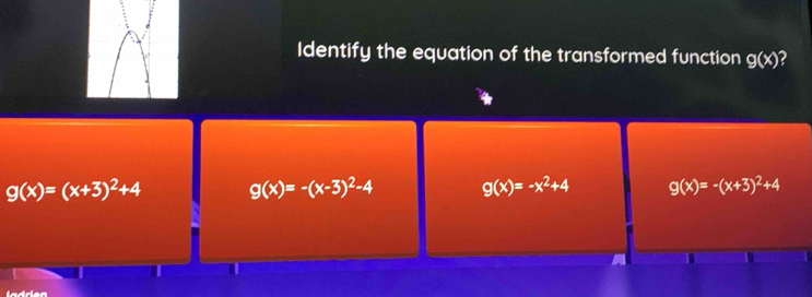 Identify the equation of the transformed function g(x) 2
g(x)=(x+3)^2+4 g(x)=-(x-3)^2-4 g(x)=-x^2+4 g(x)=-(x+3)^2+4