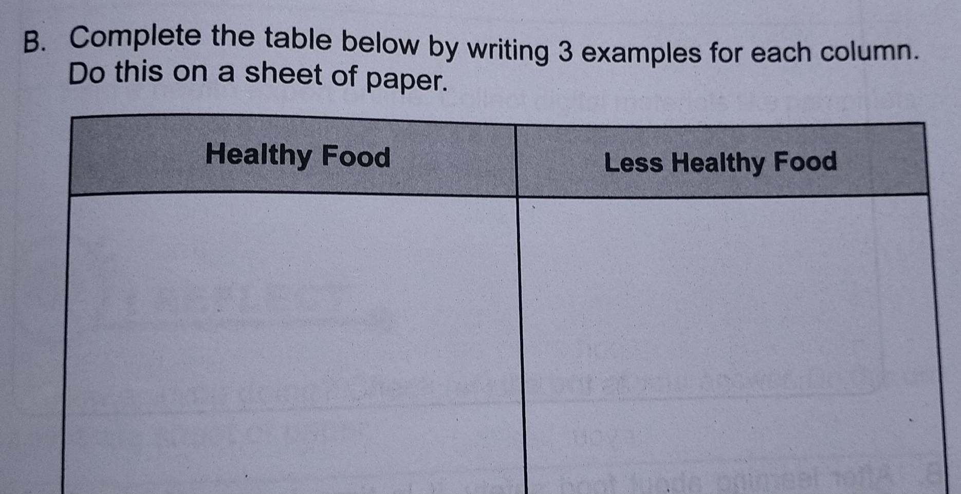 Complete the table below by writing 3 examples for each column. 
Do this on a sheet of paper.