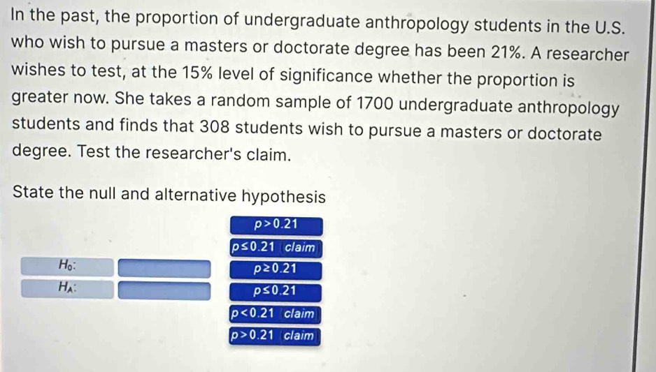 In the past, the proportion of undergraduate anthropology students in the U.S. 
who wish to pursue a masters or doctorate degree has been 21%. A researcher 
wishes to test, at the 15% level of significance whether the proportion is 
greater now. She takes a random sample of 1700 undergraduate anthropology 
students and finds that 308 students wish to pursue a masters or doctorate 
degree. Test the researcher's claim. 
State the null and alternative hypothesis
rho >0.21
p≤ 0.21 claim
H_0 :
p≥ 0.21
H_4 :
p≤ 0.21
p<0.21 claim
p>0.21 claim