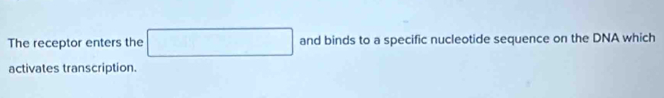 The receptor enters the □ and binds to a specific nucleotide sequence on the DNA which 
activates transcription.