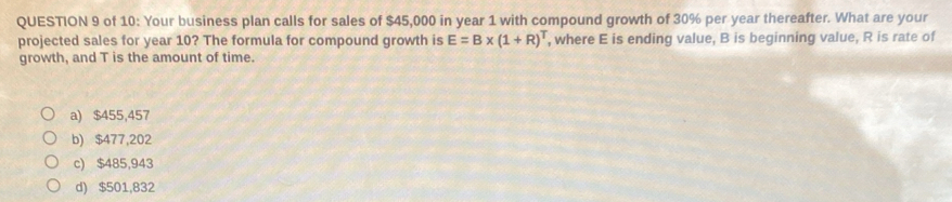 of 10: Your business plan calls for sales of $45,000 in year 1 with compound growth of 30% per year thereafter. What are your
projected sales for year 10? The formula for compound growth is E=B* (1+R)^T , where E is ending value, B is beginning value, R is rate of
growth, and T is the amount of time.
a) $455,457
b) $477,202
c) $485,943
d) $501,832