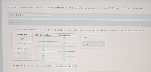 A charty is running an auction. One thousand tickets are sold at $2 eech for five prizes of $100, five of $50, five of $25, and five of $10
Part: 0 / 2
Part 1 of 2
8 What is the expected value if you buy one ticket? Fill in the table to help organize the needed information, then answer the question
× 5
The expected value if you buy one ticket is (Choose one)