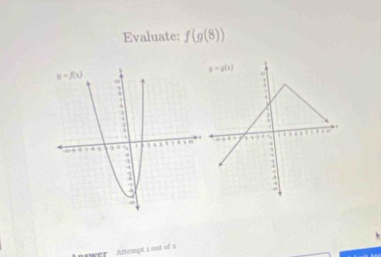 Evaluate: f(g(8))

nswer Attempt 1 out of 2