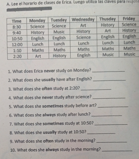 Lee el horario de clases de Erica. Luego utiliza las claves para respond
1. What does Erica never study on Monday?_
2. What does she usually have after English?_
3. What does she often study at 2:20 ?_
4. What does she never study after science?_
5. What does she sometimes study before art?_
6. What does she always study after lunch?_
7. What does she sometimes study at 10:50 ?_
8. What does she usually study at 10:50 _
9. What does she often study in the morning?_
10. What does she always study in the morning?_