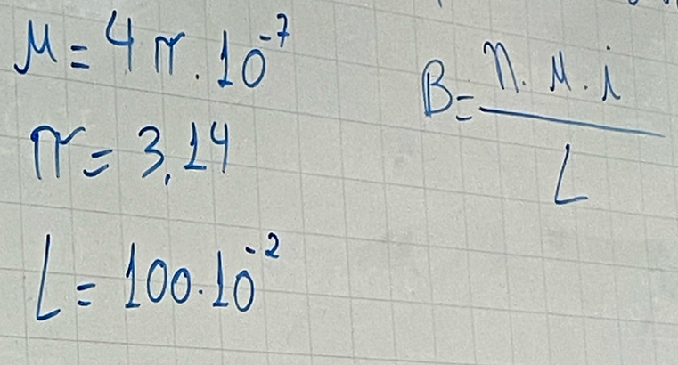 mu =4π · 10^(-7)
π =3.14
B= n· A· r/L 
L=100.10^(-2)