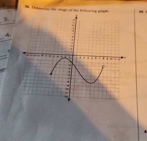 Determine the range of the following graph: 39. 
_ 
3._ 
4. 
_ 
_ 
w 
4