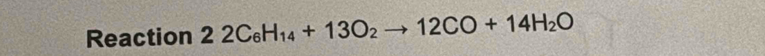 Reaction 22C_6H_14+13O_2to 12CO+14H_2O