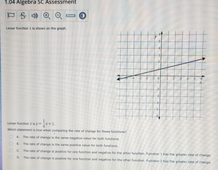 1.04 Algebra SC Assessment
Linear function 1 is shown on the graph.
Linear function 2 is y= 1/4 x+1. 
Which statement is true when comparing the rate of change for these functions?
A. The rate of change is the same negative value for both functions.
B. The rate of change is the same positive value for both functions.
C. The rate of change is positive for one function and negative for the other function. Function. I has the greater rate of change.
D. The rate of change is positive for one function and negative for the other function. Function 2 has the greater rate of change.