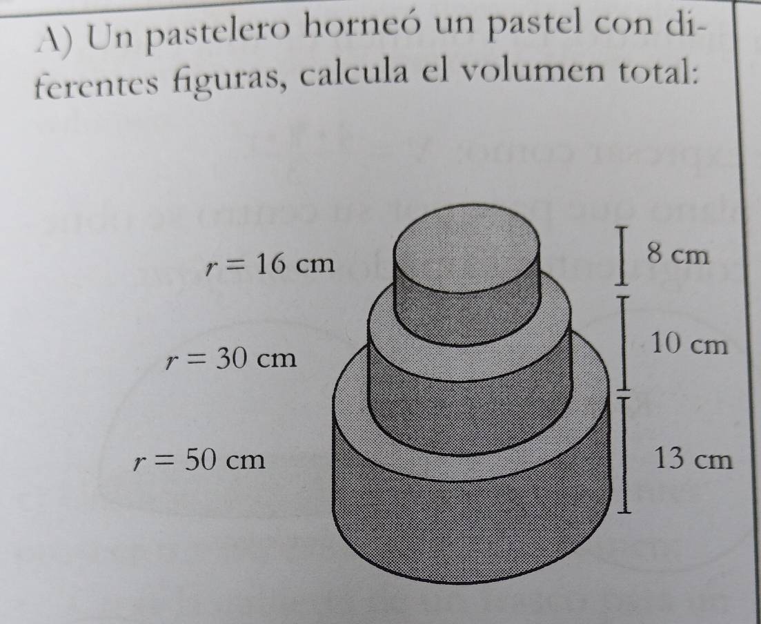 Un pastelero horneó un pastel con di-
ferentes figuras, calcula el volumen total: