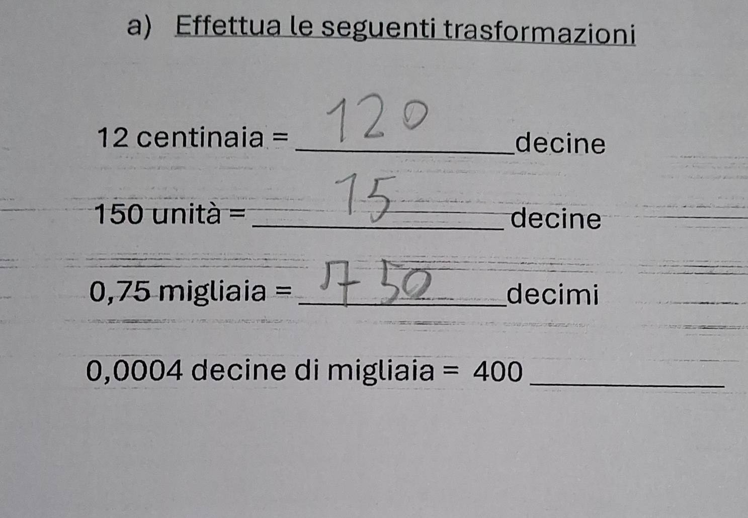 Effettua le seguenti trasformazioni
12 centinaia =_  decine
150 unità = _ decine
0,75 migliaia = _decimi
0,0004 decine di migliaia =400 _