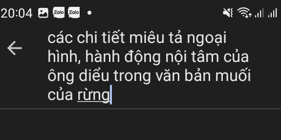 20:04 Zalo Zalo 
các chi tiết miêu tả ngoại 
hình, hành động nội tâm của 
ông diểu trong văn bản muối 
của rừng