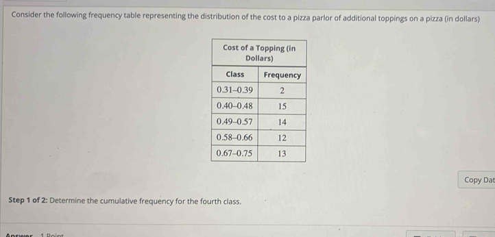 Consider the following frequency table representing the distribution of the cost to a pizza parlor of additional toppings on a pizza (in dollars) 
Copy Da 
Step 1 of 2: Determine the cumulative frequency for the fourth class.