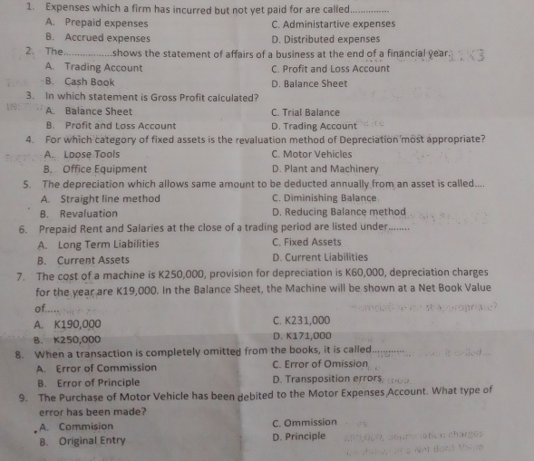 Expenses which a firm has incurred but not yet paid for are called_
A. Prepaid expenses C. Administartive expenses
B. Accrued expenses D. Distributed expenses
2、The _shows the statement of affairs of a business at the end of a financial year.
A. Trading Account C. Profit and Loss Account
B. Cash Book D. Balance Sheet
3. In which statement is Gross Profit calculated?
A. Balance Sheet C. Trial Balance
B. Profit and Loss Account D. Trading Account
4. For which category of fixed assets is the revaluation method of Depreciation most appropriate?
A. Loose Tools C. Motor Vehicles
B. Office Equipment D. Plant and Machinery
5. The depreciation which allows same amount to be deducted annually from an asset is called....
A. Straight line method C. Diminishing Balance
B. Revaluation D. Reducing Balance method
6. Prepaid Rent and Salaries at the close of a trading period are listed under

A. Long Term Liabilities C. Fixed Assets
B. Current Assets D. Current Liabilities
7. The cost of a machine is K250,000, provision for depreciation is K60,000, depreciation charges
for the year are K19,000. In the Balance Sheet, the Machine will be shown at a Net Book Value
of.....
A. K190,000 C. K231,000
B. K250,000 D. K171,000
8. When a transaction is completely omitted from the books, it is called .
A. Error of Commission C. Error of Omission
B. Error of Principle D. Transposition errors (fH)(2
9. The Purchase of Motor Vehicle has been debited to the Motor Expenses Account. What type of
error has been made?
A. Commision C. Ommission
B. Original Entry D. Principle