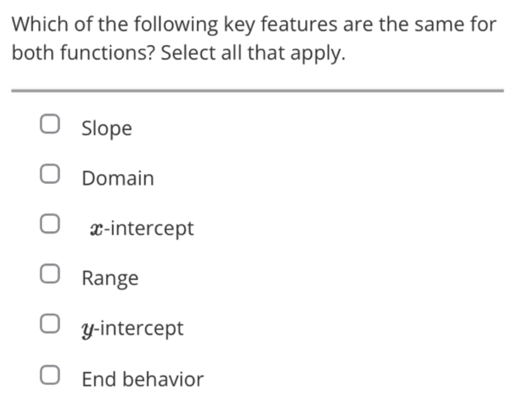 Which of the following key features are the same for
both functions? Select all that apply.
Slope
Domain
x-intercept
Range
y-intercept
End behavior