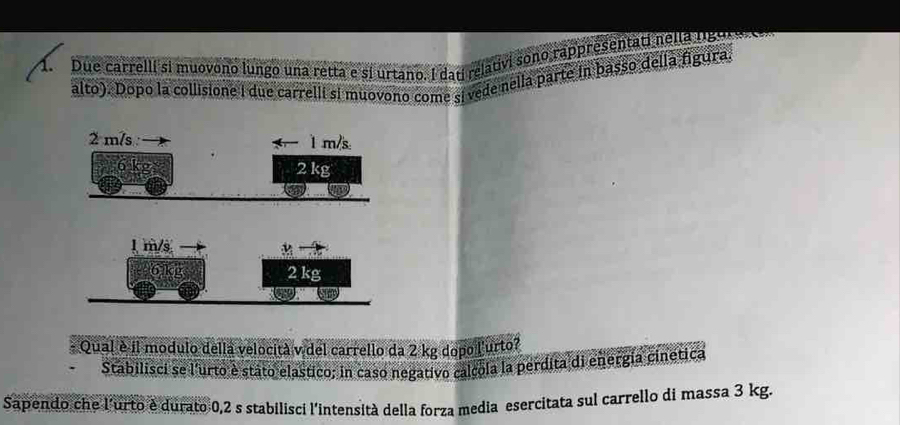 Due carrelli si muovono lungo una retta e si urtano. I dati relativi sono rapprésentati nella ligut 
alto). Dopo la collisione i due carrelli si muovono come si vede nella parte in basso della figura 
Qual è il modulo dellá velocità v del carrello da 2 kg dopo l'urto? 
Stabilisci se l'urto è státo elastico; in caso negativo calçola la perdita di energía cinetica 
Sapendo che l'urto è durato 0,2 s stabilisci l'intensità della forza media esercitata sul carrello di massa 3 kg.