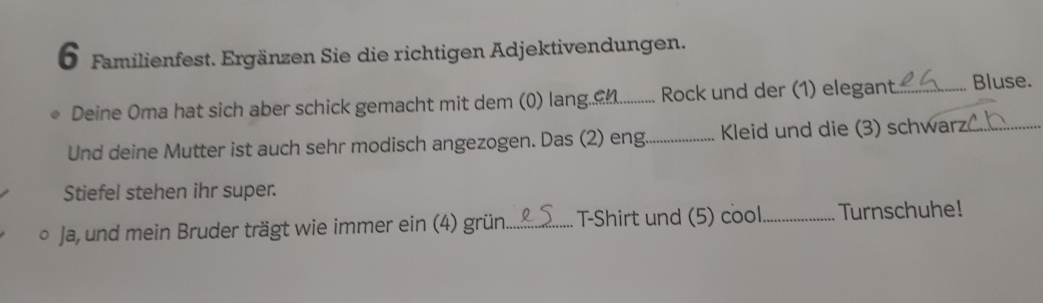 Familienfest. Ergänzen Sie die richtigen Adjektivendungen. 
Deine Oma hat sich aber schick gemacht mit dem (0) lang.. L............ Rock und der (1) elegant_ Bluse. 
Und deine Mutter ist auch sehr modisch angezogen. Das (2) eng_ Kleid und die (3) schwarz_ 
Stiefel stehen ihr super. 
* Ja, und mein Bruder trägt wie immer ein (4) grün_ T-Shirt und (5) cool _Turnschuhe!