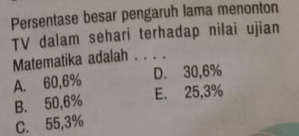 Persentase besar pengaruh lama menonton
TV dalam sehari terhadap nilai ujian
Matematika adalah . . . .
A. 60, 6% D. 30,6%
B. 50,6% E. 25,3%
C. 55,3%