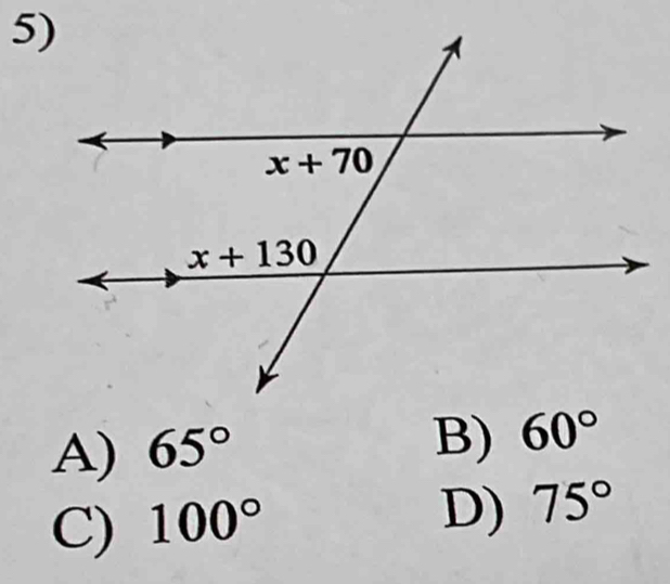 A) 65°
B) 60°
C) 100°
D) 75°