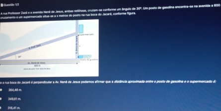 Questillo 1V/2
A nua irofessor Zazá e a avenida Nenê de Jesus, ambas retilneas, cruzam-se conforma um ângulo de 30º. Um posto de gasolina encontra-se na avenida a 600
crunamento e um supermercado situa-se a x metros do posto na rua boca do Jacanê, conforme figura.
*
30°
Hena de be s 
se a rua boca do Jacaré é perpendicular a Av. Nenê de Jesus podemos afirmar que a distância aproximada entre o posto de gasolina e o supermercado d:
364,48 m
349,61 m.
316,41 m.