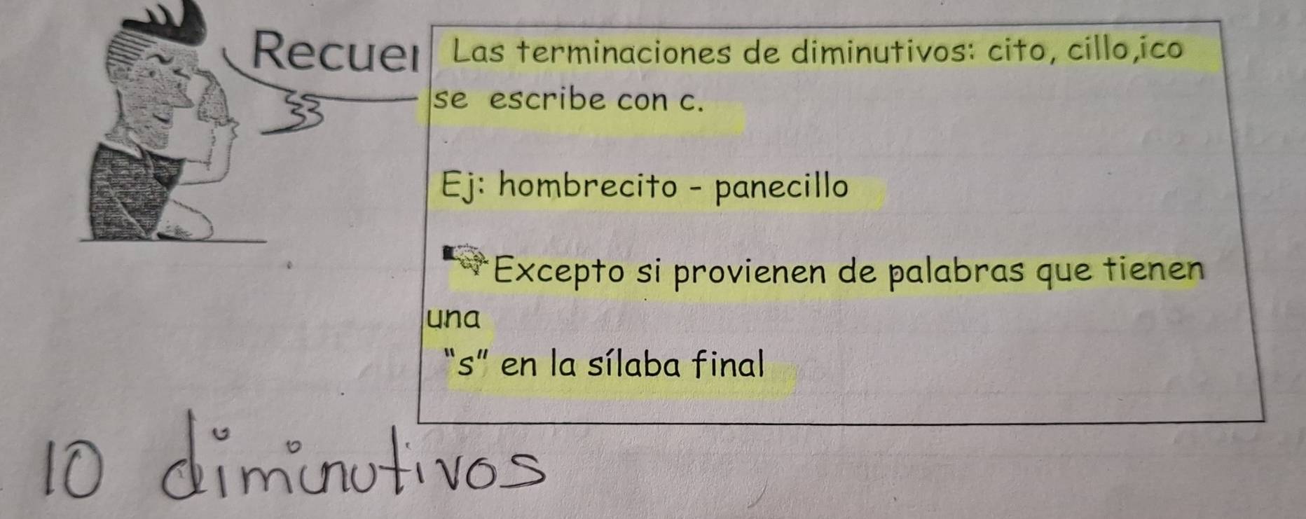 Recuer Las terminaciones de diminutivos: cito, cillo,ico 
se escribe con c. 
Ej: hombrecito - panecillo 
*Excepto si provienen de palabras que tienen 
una 
“s” en la sílaba final