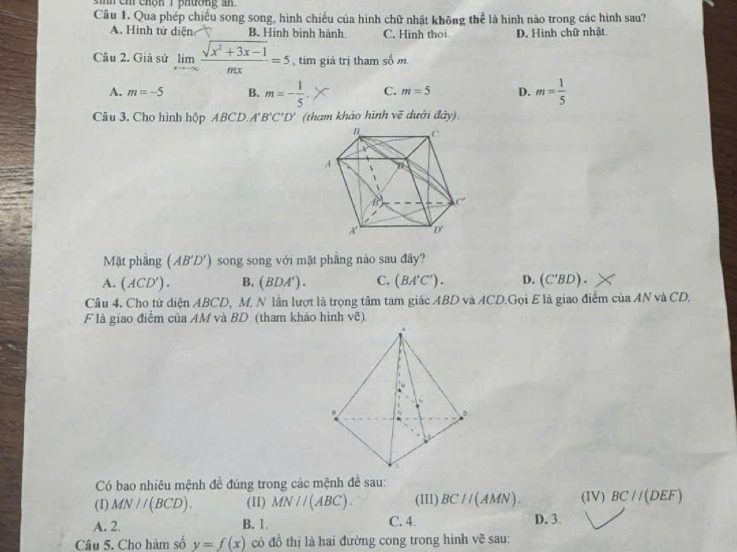 sh ch chộn 1 phương an.
Câu 1. Qua phép chiếu song song, hình chiếu của hình chữ nhật không thể là hình nào trong các hình sau?
A. Hinh tứ diện B. Hình bình hành. C. Hình thoi D. Hình chữ nhật.
Câu 2. Giả sử limlimits _xto -∈fty  (sqrt(x^2+3x-1))/mx =5 , tìm giá trị tham shat 0m.
A. m=-5 B. m=- 1/5 . C. m=5 D. m= 1/5 
Câu 3. Cho hình hộp ABCD. A'B'C'D' (tham khảo hình vẽ dưới đây).
Mặt phẳng (AB'D') song song với mặt phẳng nào sau đây?
A. (ACD'). B. (BDA'). C. (BA'C'). D. (C'BD). 
Câu 4. Cho tứ diện ABCD, M, N lần lượt là trọng tâm tam giác ABD và ACD.Gọi E là giao điểm của AN và CD.
F là giao điểm của AM và BD (tham khảo hình voverline e). 
Có bao nhiêu mệnh đề đúng trong các mệnh đề sau:
(I) MN//(BCD). (I1) MN//(ABC). (III) BCparallel (AMN). (IV) BC//(DEF)
A. 2. B. 1. C. 4. D. 3.
Câu 5. Cho hàm số y=f(x) có đồ thị là hai đường cong trong hình vẽ sau: