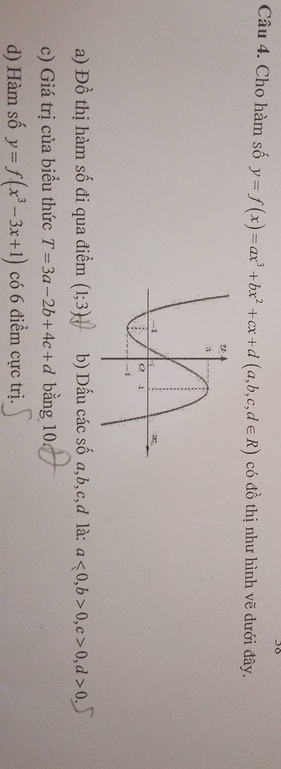 Jo 
Câu 4. Cho hàm số y=f(x)=ax^3+bx^2+cx+d(a,b,c,d∈ R) có đồ thị như hình vẽ dưới đây. 
a) Đồ thị hàm số đi qua điểm (1;3) b) Dấu các số a, b, c, d là: a<0</tex>, b>0, c>0, d>0. 
c) Giá trị của biểu thức T=3a-2b+4c+d bằng 10 
d) Hàm số y=f(x^3-3x+1) có 6 điểm cực trị.