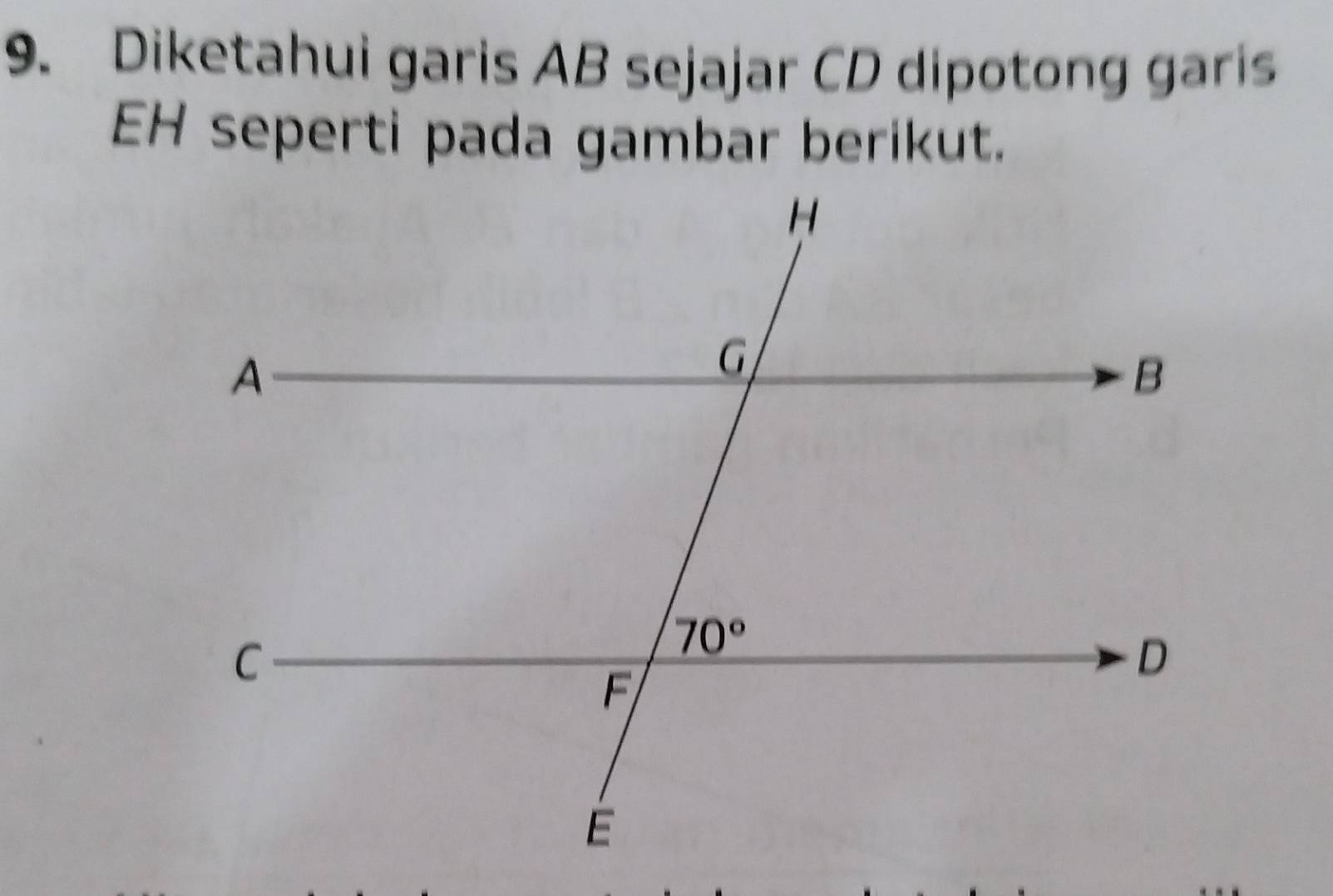 Diketahui garis AB sejajar CD dipotong garis
EH seperti pada gambar berikut.