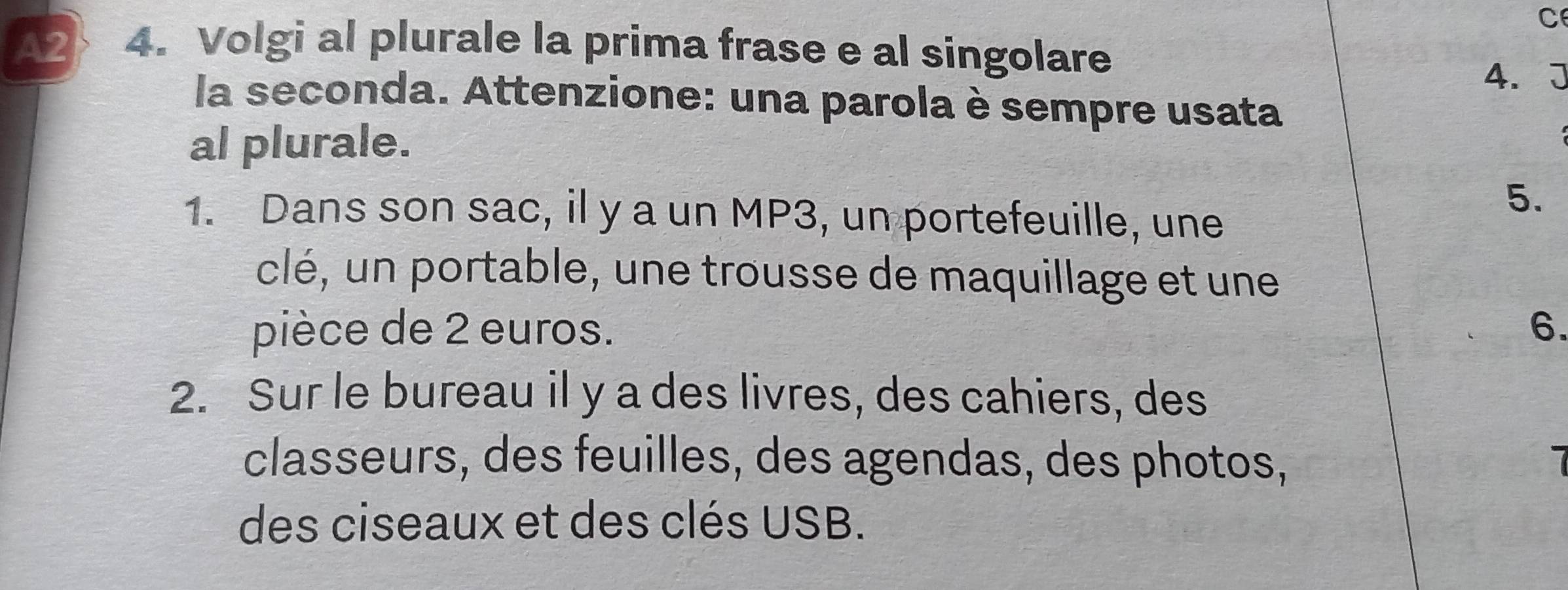 A2F 4. Volgi al plurale la prima frase e al singolare 
4. J 
la seconda. Attenzione: una parola è sempre usata 
al plurale. 
1. Dans son sac, il y a un MP3, un portefeuille, une 
5. 
clé, un portable, une trousse de maquillage et une 
pièce de 2 euros. 6. 
2. Sur le bureau il y a des livres, des cahiers, des 
classeurs, des feuilles, des agendas, des photos, 
des ciseaux et des clés USB.