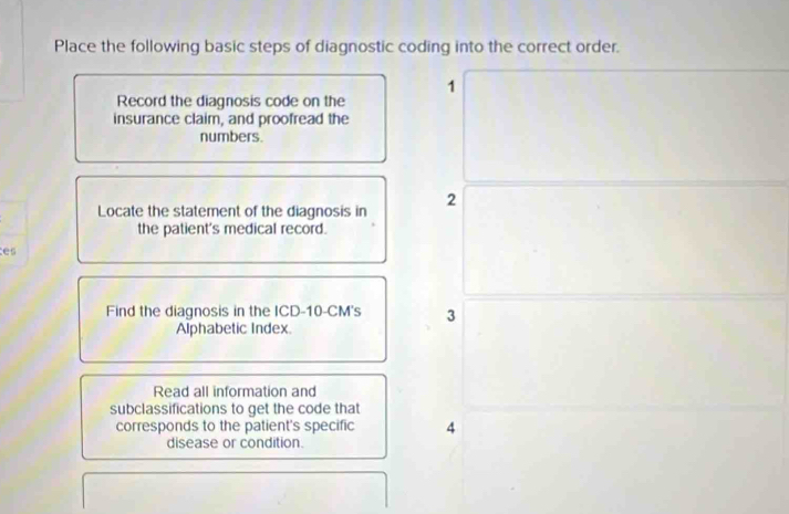 Solved: Place the following basic steps of diagnostic coding into the ...