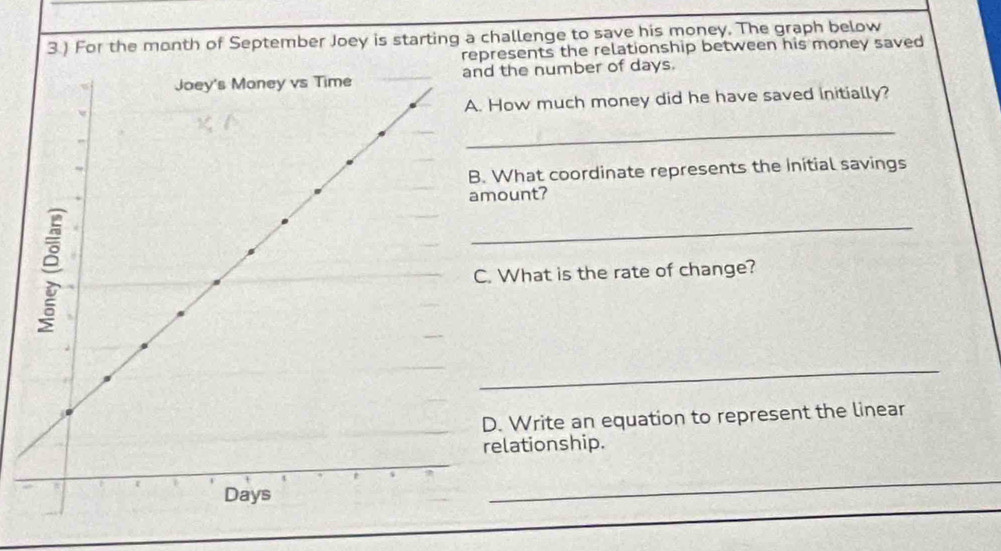 3 ) For the month of September Joey is starting a challenge to save his money. The graph below 
represents the relationship between his money saved 
the number of days. 
ow much money did he have saved initially? 
_ 
What coordinate represents the Initial savings 
ount? 
_ 
What is the rate of change? 
_ 
. Write an equation to represent the linear 
lationship. 
_