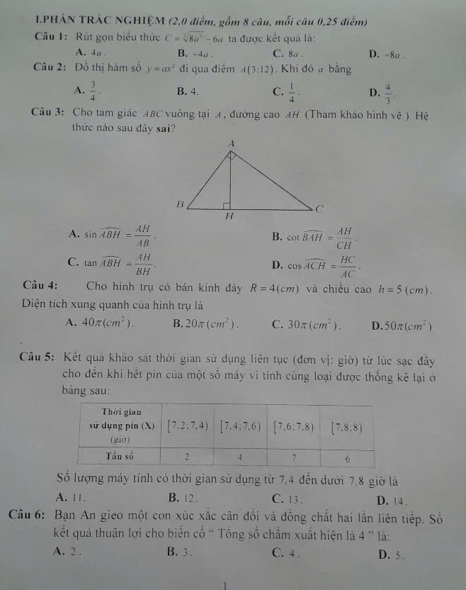 PHÁN TRÁC NGHIỆM (2,0 điểm, gồm 8 câu, mỗi câu 0,25 điểm)
Câu 1: Rút gọn biểu thức C=sqrt[3](8a^3)-6a ta được kết quả là:
A. 4a. B. -4a . C. 8a . D. -8a .
Câu 2: Đồ thị hàm số y=ax^2 di qua điểm A(3:12) Khi đó a bằng
A.  3/4 - B. 4. C.  1/4 . D.  4/3 .
Câu 3: Cho tam giác ABC vuông tại A , dường cao AH (Tham kháo hình vẽ ). Hệ
thức nảo sau đây sai?
A. sin overline ABH= AH/AB . cot overline BAH= AH/CH .
B.
C. tan widehat ABH= AH/BH . cos overline ACH= HC/AC .
D.
Câu 4: Cho hình trụ có bán kính đáy R=4(cm) và chiều a h=5(cm).
Diện tích xung quanh của hình trụ là
A. 40π (cm^2). B. 20π (cm^2). C. 30π (cm^2). D. 50π (cm^2)
Câu 5: Kết quả khảo sát thời gian sử dụng liên tục (đơn vị: giờ) từ lúc sạc đầy
cho đến khi hết pin của một số máy vi tính cùng loại được thống kê lại ở
bảng sau:
Số lượng máy tính có thời gian sử dụng từ 7,4 đến dưới 7.8 giờ là
A. 11. B. 12 . C. 13 . D. 14 .
Câu 6: Bạn An gieo một con xúc xắc cân đối và đồng chất hai lần liên tiếp. Số
kết quả thuận lợi cho biến cố “ Tông số chẩm xuất hiện là 4 ' là:
A. 2 . B. 3 . C. 4 . D. 5 .