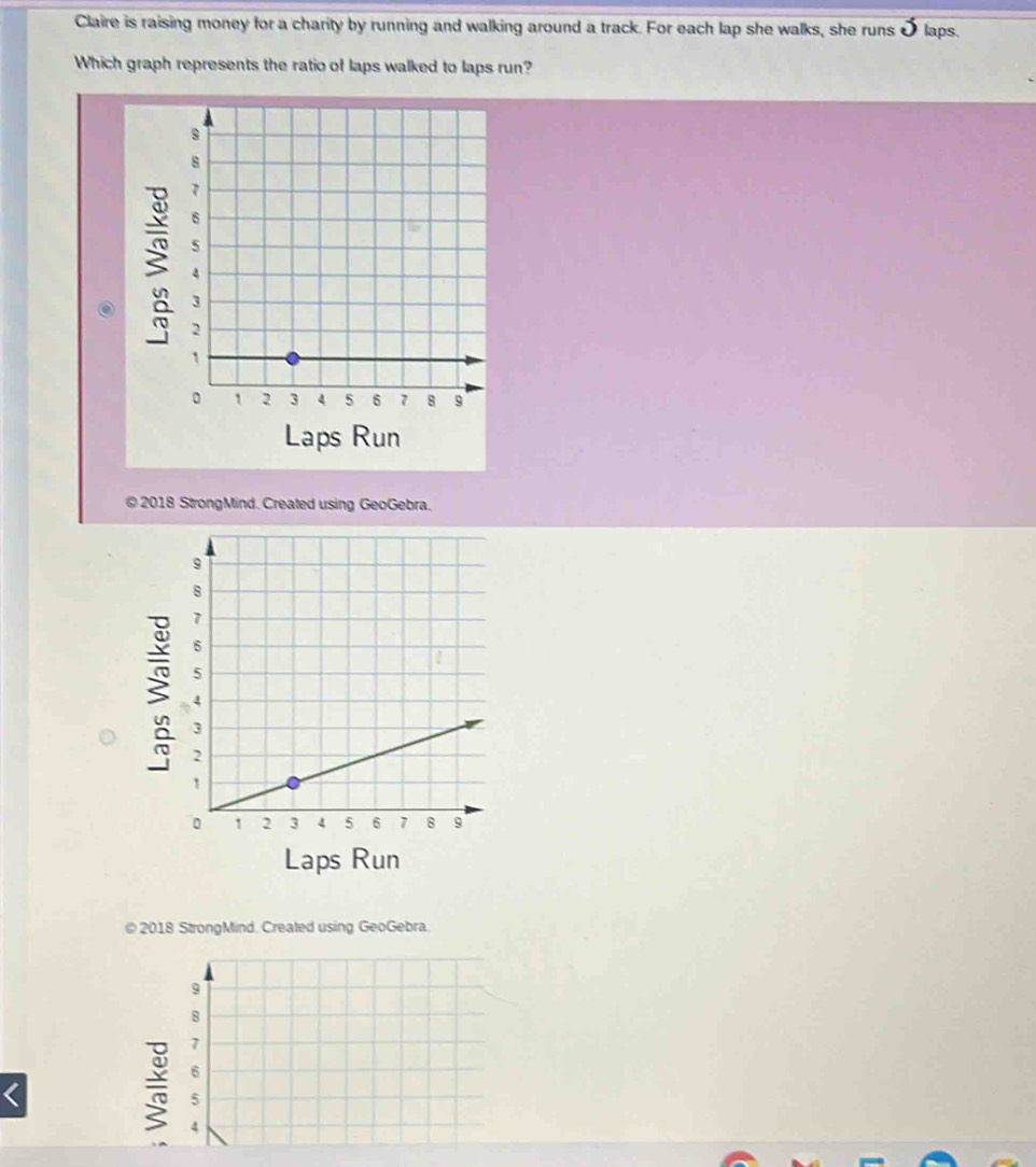 Claire is raising money for a charity by running and walking around a track. For each lap she walks, she runs J laps. 
Which graph represents the ratio of laps walked to laps run? 
Laps Run 
© 2018 StrongMind. Created using GeoGebra. 
Laps Run 
© 2018 StrongMind. Created using GeoGebra. 
<