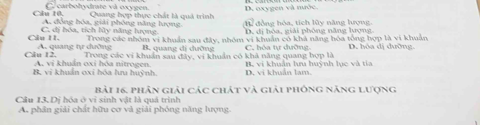 C carbohydrate và oxygen.
Câu 10. Quang hợp thực chất là quá trình D. oxygen và nước.
A. đồng hóa, giải phóng năng lượng. Bỉ đồng hóa, tích lũy năng lượng,
C. dị hóa, tích lũy năng lượng. D. đị hóa, giải phóng năng lượng,
Câu 11. Trong các nhóm vi khuẩn sau đây, nhóm vi khuẩn có khả năng hóa tổng hợp là vi khuẩn
A. quang tự dưỡng B. quang dị dưỡng C. hóa tự dưỡng. D. hóa dị dưỡng.
Câu 12. Trong các vi khuẩn sau đây, vi khuẩn có khả năng quang hợp là
A. vi khuẩn oxi hóa nitrogen. B. vi khuẩn lưu huỳnh lục và tia
B vi khuẩn oxi hóa lưu huỳnh. D. vi khuẩn lam.
Bài 16. phân giải các chát và giải phóng năng lượng
Câu 13.Dị hóa ở vì sinh vật là quá trình
A. phân giải chất hữu cơ và giải phóng năng lượng.