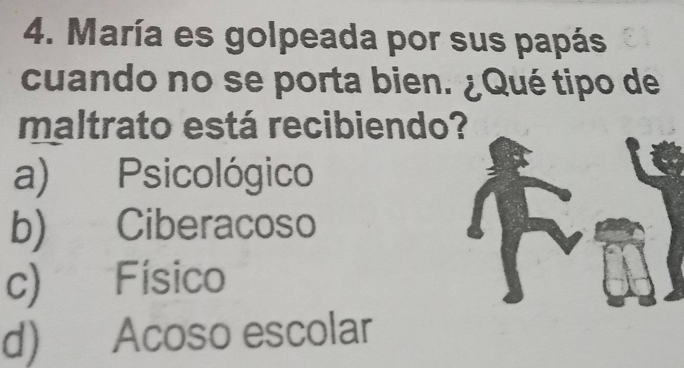 María es golpeada por sus papás
cuando no se porta bien. ¿Qué tipo de
maltrato está recibiendo?
a) Psicológico
b) Ciberacoso
c) Físico
d) Acoso escolar