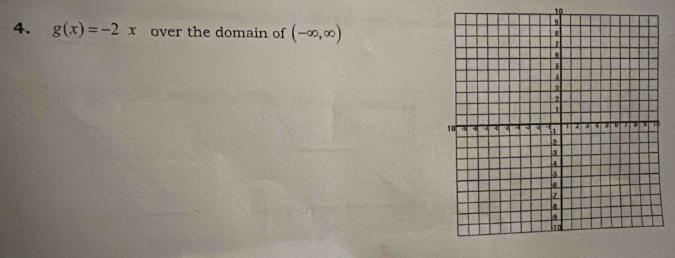 10 
4. g(x)=-2x over the domain of (-∈fty ,∈fty )