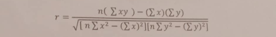 r=frac n(sumlimits xy)-(sumlimits x)(sumlimits y)sqrt([nsumlimits x^2-(sumlimits x)^2)][nsumlimits y^2-(sumlimits y)^2]