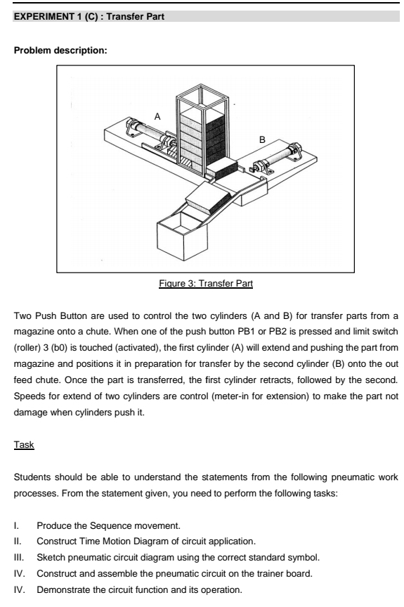 EXPERIMENT 1 (C) : Transfer Part 
Problem description: 
Two Push Button are used to control the two cylinders (A and B) for transfer parts from a 
magazine onto a chute. When one of the push button PB1 or PB2 is pressed and limit switch 
(roller) 3 (b0) is touched (activated), the first cylinder (A) will extend and pushing the part from 
magazine and positions it in preparation for transfer by the second cylinder (B) onto the out 
feed chute. Once the part is transferred, the first cylinder retracts, followed by the second. 
Speeds for extend of two cylinders are control (meter-in for extension) to make the part not 
damage when cylinders push it. 
Task 
Students should be able to understand the statements from the following pneumatic work 
processes. From the statement given, you need to perform the following tasks: 
I. Produce the Sequence movement. 
II. Construct Time Motion Diagram of circuit application. 
III. Sketch pneumatic circuit diagram using the correct standard symbol. 
IV. Construct and assemble the pneumatic circuit on the trainer board. 
IV. Demonstrate the circuit function and its operation.