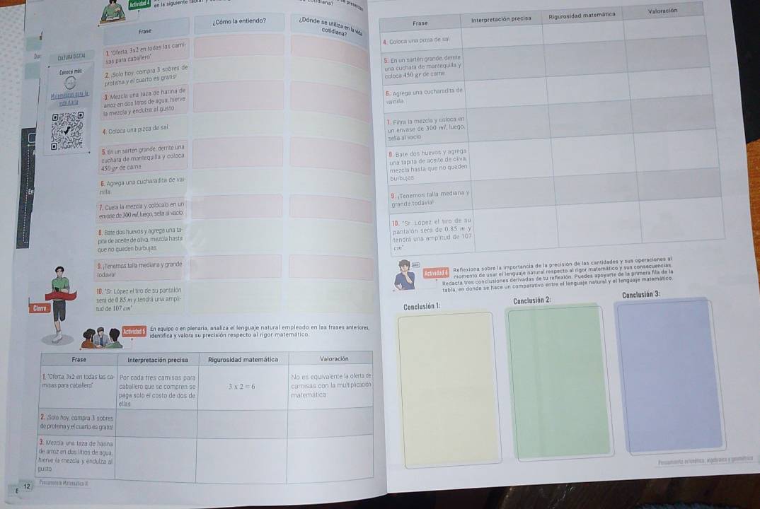 en la siguient
A pretentan
matemática Valeración
Frase ¿Cómo la entiendo? ¿Dónde se utiliza en la vd
cotldaran
sas para caballero" 1. 'Oferta, 3x2 en todas las cami
Dur Diltlira Distal
Canoco más 2. ¡Solo hoy, compra 3 scores de 
protena y el cuarto es grans
Matemáácas está la 3. Mezcla una taza de harina de
ensta d'aria ánoz en dos lítros de agua, hierve 
la mezcla y endulza al gusto
4. Coloca una pizca de sal 
5. En un sarten grande, derrite una
cuchara de mantequilla y coloca
450 gr de came 
6. Agrega una cucharadita de vai 
rila
7. Cuela la mezcla y colócalo en un 
envase de 300 ml, luego, sella al vacio. 
8. Bate dos huevos y agrega una ta 
que no queden burbujas 
pita de aceite de oliva. mezola hasta
9. ¡Tenemos taíla mediana y grande
todavial
Redacta tres conclusiones 
10. "Sr. López el tiro de su pantalón
tabla, en donde se hace un comparativo entre el lenguaje natural y el lenguaje
será de 0.85 m y tendra una ampl
tud de 107 cm' Conclusión 2 Conclusión 3:
Conclusión 1:
Artividad En equipo o en plenaria, analiza el lenguaje natural empleado en las frases anteriores.
dentifica y valora su precisión respecto al rigor matemático
Pessanienta arimótica: egetraica y gomética