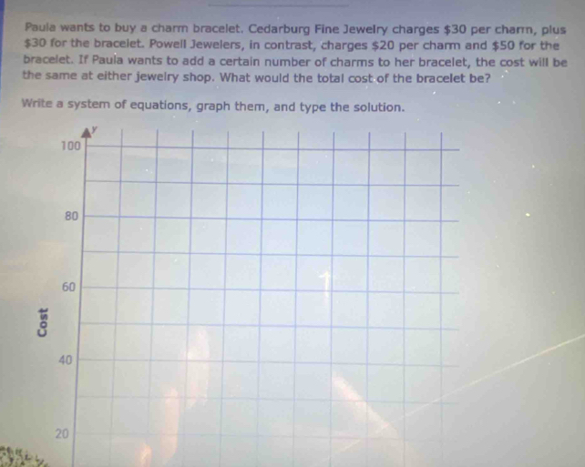 Paula wants to buy a charm bracelet. Cedarburg Fine JeweIry charges $30 per charm, plus
$30 for the braceiet. Powell Jewelers, in contrast, charges $20 per charm and $50 for the 
bracelet. If Paula wants to add a certain number of charms to her bracelet, the cost will be 
the same at either jewelry shop. What would the total cost of the bracelet be? 
Write a system of equations, graph them, and type the solution.