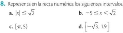 Representa en la recta numérica los siguientes intervalos. 
a. |x|≤ sqrt(2) -5≤ x
b. 
C. [π ,5) d. [-sqrt(3),1.9]