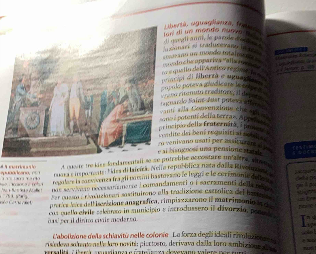 ertà, uguaglianza, fraen
di   n   ondo nu o  e  B  
uegii anní, le parole d'ortarke
onari sí traducevano in  a d 
vano un mondo total m en a   
Tassión Saena
do che appariva «alla rove d 
Cap i a de a
À  famor p  
quello dell Antico regim e  la n e 
cipi di liberta e uguagia n 
lo poteva giudicare le colpa dié
o ritenuto traditore; il deputiv e
ardo Saint-Just poteva a ffe e 
alla Convenzione ch      
i potentí della terra». Appea  
ípio della fraternitã, i pros 
te dei bení requisiti ai nobilied 
ivano usati per assicurar    TESTUM
sognosi una pensione statak 4DOC0
All matrimonio A queste tre idee fondamentali se ne potrebbe accostare un'altra, ale m 
epub b licano , n o nuova e importante: l'ídea di laicità. Nella repubblica nata dalla Rivoluzie y Aacques
iú rito sacro ma rito
vile. Incisione a color regolare la convivenza fra gli uomini bastavano le leggi e le cerimonie deo t della p
ge à pu
Jean-Baptiste Mallet non servivano necessariamente i comandamenti o í sacramentí della relip a 
I 1793. (Parigi, Per questo i rivoluzionari sostituirono alla tradizione cattolica del batte rn  in bre
pratica laíca dell'iscrizione anagrafica, rimpiazzarono il matrimonio ia d sigot
zione
con quello civile celebrato in municipio e introdussero il divorzio, porenis
basi per il diritto civile moderno.
Tnq
Lsp
solo !
L'abolizione della schiavitù nelle colonie La forza degli ideali rivoluzionaee
risiedeva soltanto nella loro novità: piuttosto, derivava dalla loro ambizione alivs nom
versalità  Libertà uguaglianza e fratellanza dovevano valer e p     t u t