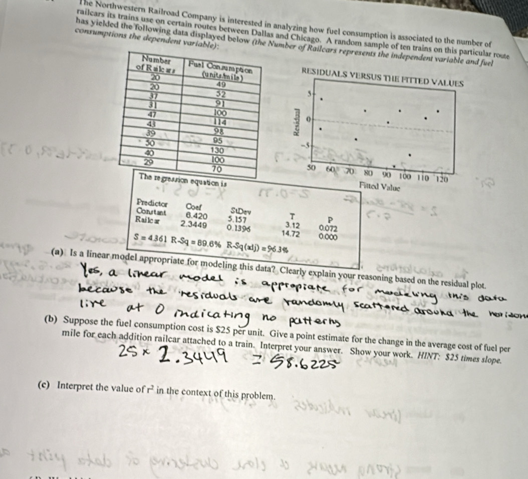 he Northwestern Railroad Company is interested in analyzing how fuel consumption is associated to the number of
railcars its trains use on certain routes between Dallas and Chicago. A random sample of ten trains on this particular route
consumptions the dependent variable
has yielded the following data displayed below (the Number of Railcars represents the independent variafuel
quation is
Predictor Coef StDev T P
Conutant 6.420 5.157 3.12
Railear 2.3449 0.1396 14.72 0.000 0.072
S=4.361R-Sq=89.6% R-Sq(xlj)=96.3%
(a) Is a linear model appropriate for modeling this data? Clearly explain your reasoning based on the residual plot.
(b) Suppose the fuel consumption cost is $25 per unit. Give a point estimate for the change in the average cost of fuel per
mile for each addition railcar attached to a train. Interpret your answer. Show your work. HINT: $25 times slope.
(c) Interpret the value of r^2 in the context of this problem.