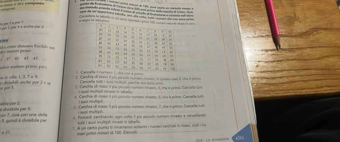 fvisbi é 3
se stesso, si dice composto.
lare í numeri primi minori di 100, puoi usare un metodo messo a
punto da Eratostene di Cirene circa 200 anní prima della nascita di Cristo. Que
compostíi.
sto metodo prende infatti il nome di crivello di Eratostene e consiste nell’elimi-
nare da un’opportuna tabella, uno alla volta, tutti i numeri che non sono primi.
Considera la tabella in cui sono riportati i primipo lo zero
lo per 1 e per 7.
e segui le istruzioni.
per 1, per 4 e anche per 2.
rimi 
ità e, come dimostra Euclide nei
dici numeri primi: 
1 37 41 43 47 … 
unico numero primo pari. 1. Cancro 1, che non è primo.
on le cifre 1, 3, 7 o 9. 2. Cerchia di rosso il più piccolo numero rimasto, in questo caso 2, che è primo.
o divisíbili anche per 2 e se Cancella tutti i suoi multipli, perché non sono primi.
e per 5. 3. Cerchia di rosso il più piccolo numero rimasto, 3, che è primo. Cancella tutti
i suoi multipli rimasti in tabella.
4. Cerchia di rosso il più piccolo numero rimasto, 5, che è primo. Cancella tutti
sibile per 2. i suoi multipli.
è divisibile per 5. 5. Cerchia di rosso il più piccolo numero rimasto, 7, che è primo. Cancella tutti
i suoi multipli.
con 7, cioè con una delle 6. Procedi cerchiando ogni volta il più piccolo numero rimasto e cancellando
9, quindi è divisibile per tutti i suoi multipli rimasti in tabella.
e 31. 7. A un certo punto ti rimarranno soltanto i numeri cerchiati in rosso, cioè i nu-
meri primi minori di 100. Elencali:
U6A - La divisibilità A263