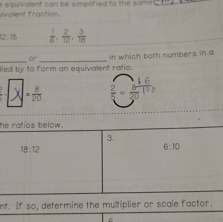 equivalent can be simplified to the same ._
_
_
ivalent fraction.
12:15  1/6 , 2/12 , 3/18 
_or_
in which both numbers in a
lied by to form an equivalent ratio.
 2/5 · = 8/20 
 2/5 = 8/20 
h
nt. If so, determine the multiplier or scale factor.
^