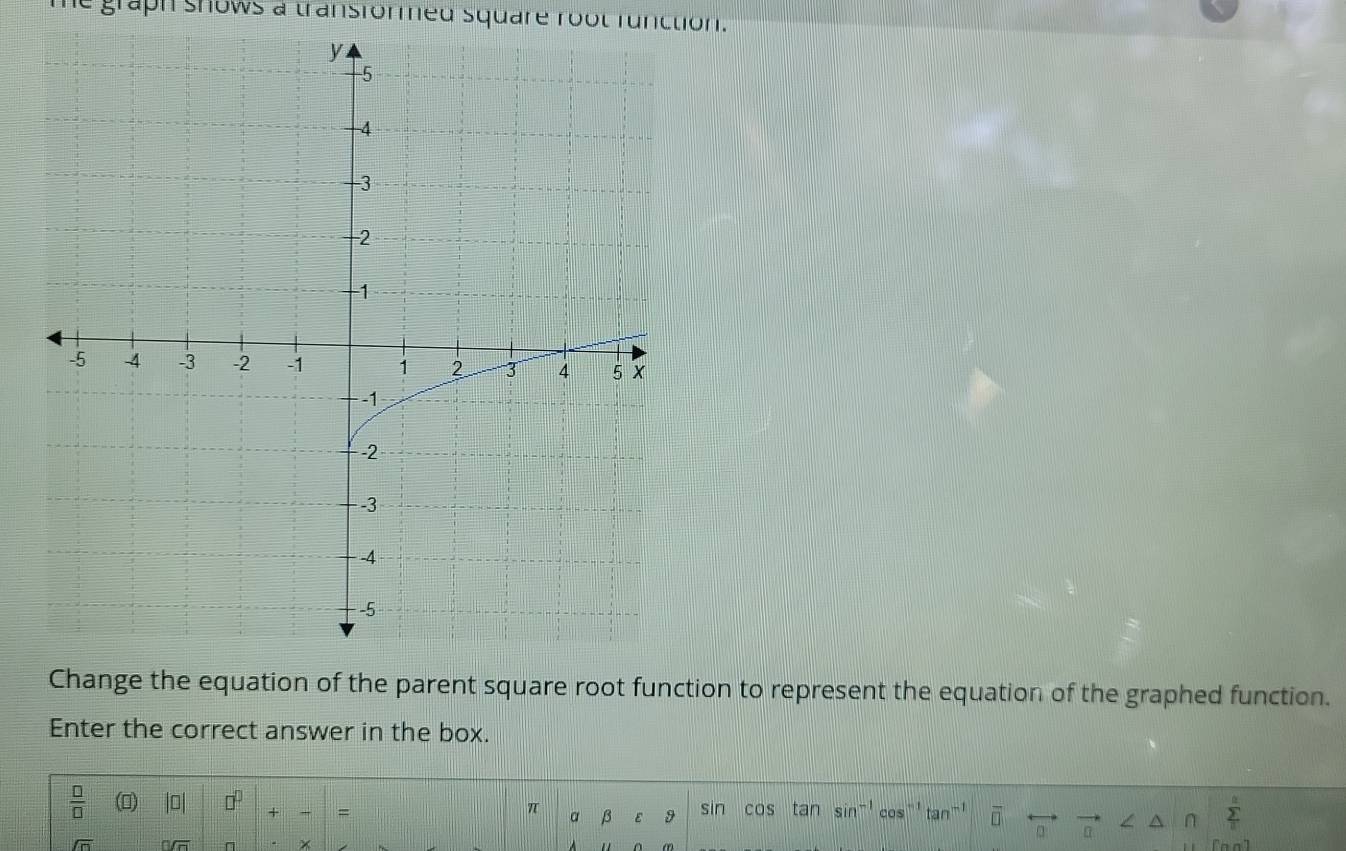 graph shows a transformed square root function. 
Change the equation of the parent square root function to represent the equation of the graphed function. 
Enter the correct answer in the box. 
 □ /□   () |□ | □^(□) + = π sin cas tan sin^- cos tan^- overline □  sumlimits _iπ ^n1 
n 
sqrt(0) nsqrt(m) n ×