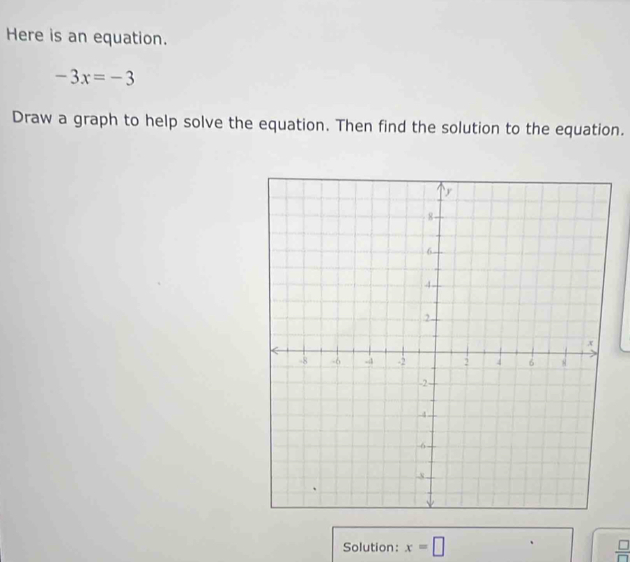 Here is an equation.
-3x=-3
Draw a graph to help solve the equation. Then find the solution to the equation. 
Solution: x=□  □ /□  