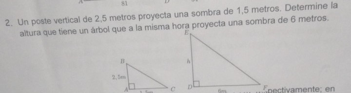 81 
2. Un poste vertical de 2,5 metros proyecta una sombra de 1,5 metros. Determine la 
altura que tiene un árbol que a la misma hora proyecta una sombra de 6 metros. 
6mEpectivamente; en