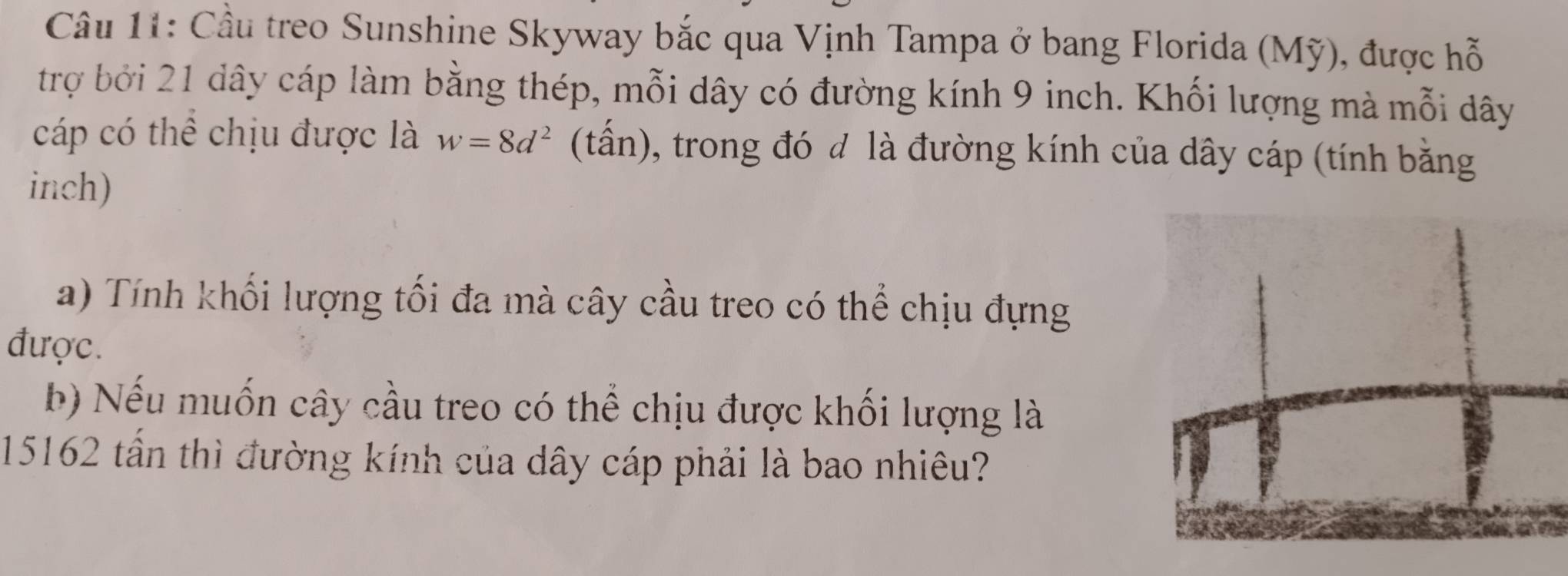 Cầu treo Sunshine Skyway bắc qua Vịnh Tampa ở bang Florida (Mỹ), được hỗ 
trợ bởi 21 dây cáp làm bằng thép, mỗi dây có đường kính 9 inch. Khối lượng mà mỗi dây 
cáp có thể chịu được là w=8d^2 (tấn), trong đó đ là đường kính của dây cáp (tính bằng
inch) 
a) Tính khối lượng tối đa mà cây cầu treo có thể chịu đựng 
được. 
b) Nếu muốn cây cầu treo có thể chịu được khối lượng là
15162 tần thì đường kính của dây cáp phải là bao nhiêu?