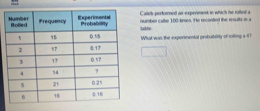 Check 
Caleb performed an experiment in which he rolled a 
number cube 100 times. He recorded the results in a 
table. 
What was the experimental probability of rolling a 4?