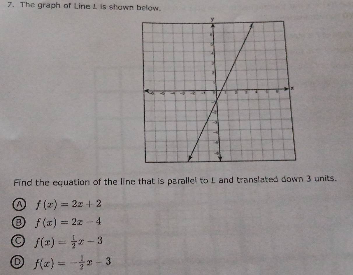 The graph of Line L is shown below.
Find the equation of the line that is parallel to L and translated down 3 units.
A f(x)=2x+2
f(x)=2x-4
f(x)= 1/2 x-3
f(x)=- 1/2 x-3